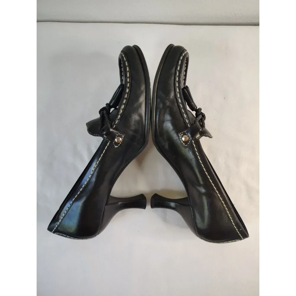 Franco Sarto Black Leather Tassel Loafer Heels Womens 7M Dress Shoes Classic